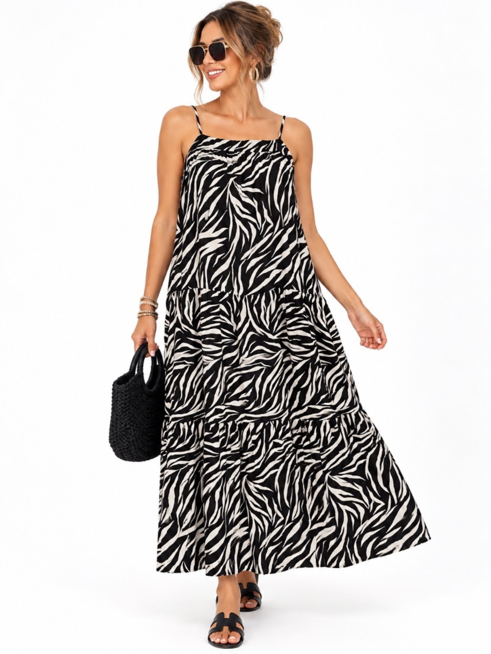 Time and Tru Black and Cream Zebra Tiered Pockets Mobwife Maxi Dress Size L